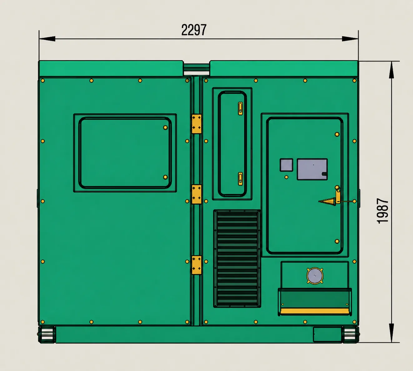 Front view dimensioned drawing of KCG600E enclosure showing 2297 mm width and 1987 mm height